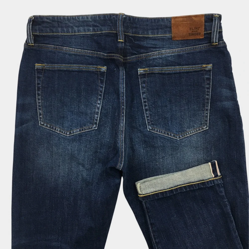 Flint and Tinder Mens Straight Dark Wash Denim Selvedge Jeans 33x30 Indigo